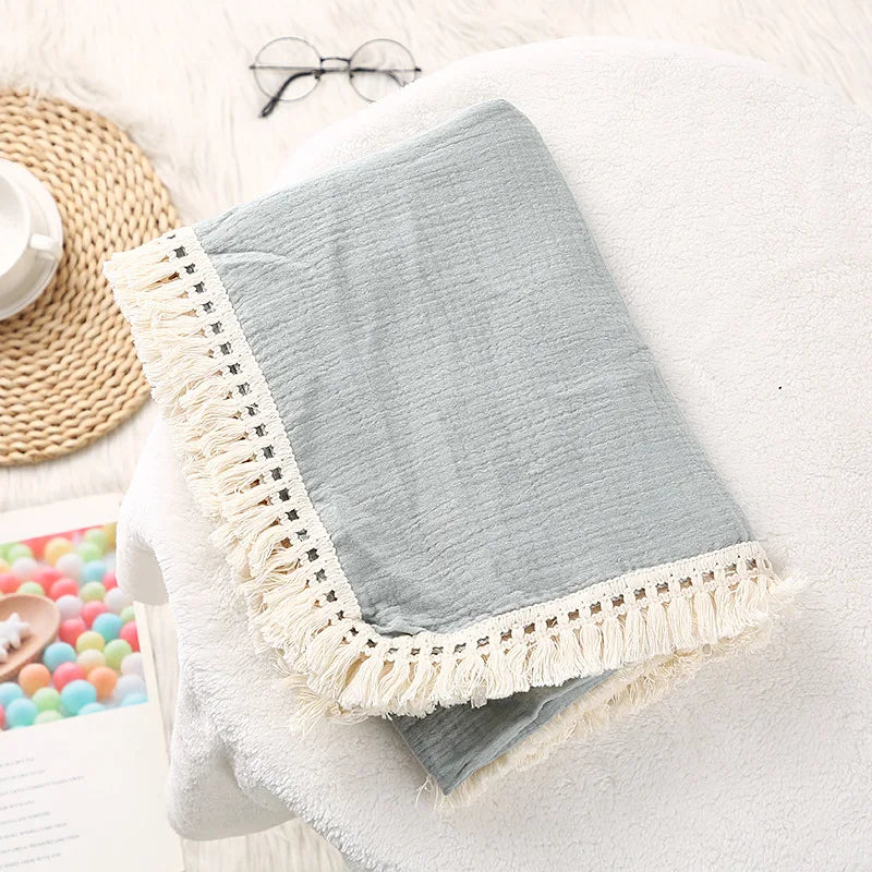 The LillyGreen CozyFold™ Muslin Throw – Lightweight Fringe Blanket for Pets