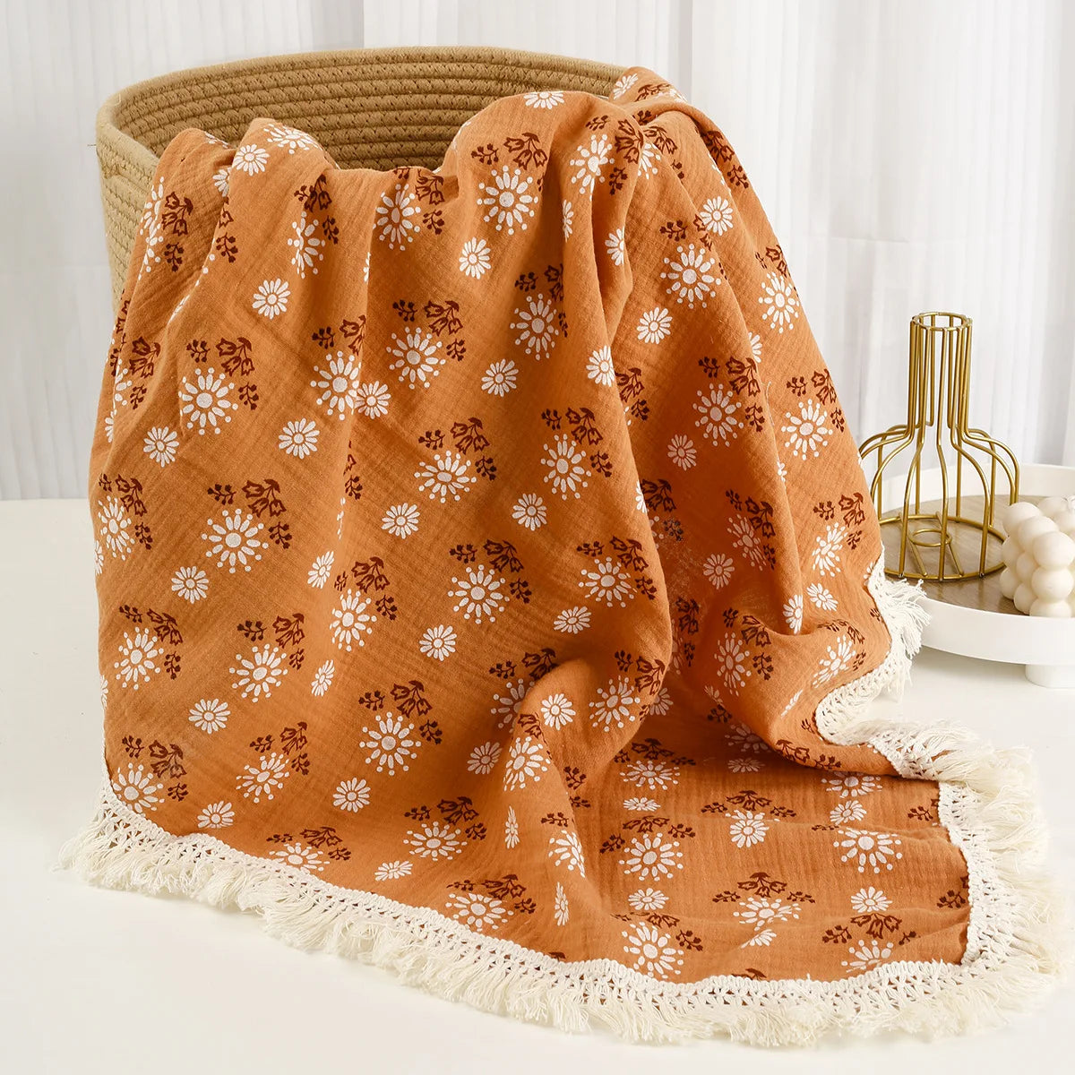 The LillyGreen CozyFold™ Muslin Throw – Lightweight Fringe Blanket for Pets