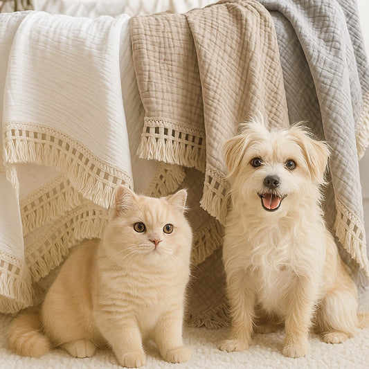 The LillyGreen CozyFold™ Muslin Throw – Lightweight Fringe Blanket for Pets